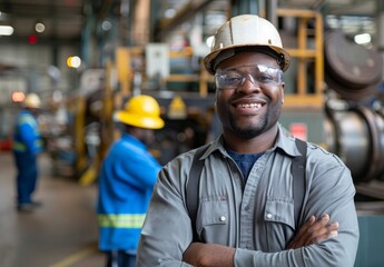 Happy factory worker wearing safety gear stands confidently in a manufacturing facility during the daytime