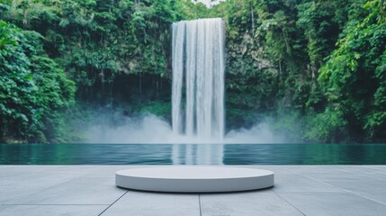 Sticker - A small, flat, round, white display stand placed in front of a majestic waterfall