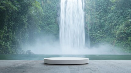 Sticker - A small, flat, round, white display stand placed in front of a majestic waterfall