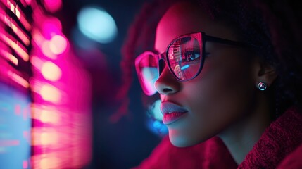 a side profile of a woman wearing glasses, her face illuminated by reflections of vibrant data strea