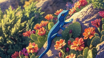 Wall Mural - Blue Lizard Amidst Desert Bloom