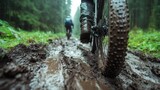 Close-up shot of muddy mountain bike wheels navigating a wet forest path, capturing the essence of adventure and the raw beauty of off-road cycling in wild nature.