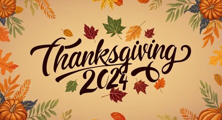 Wall Mural - thanksgiving 2024 calligraphic word lettering on summer concept holiday design background