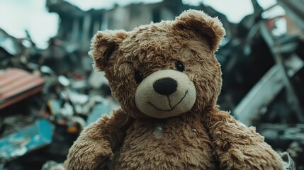 a fluffy brown teddy bear sits among urban ruins, evoking a sense of lost innocence and nostalgia in