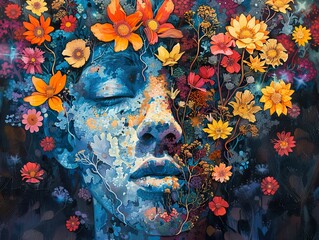 Wall Mural - Floral Portrait: A Woman Embracing Nature