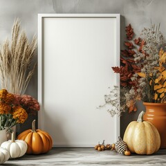 Wall Mural - Blank white paper sheet with wooden frame mockup, dried plants, flowers, pumpkins background. Vertical poster template Halloween, Thanksgiving party invitation, holiday greeting card, artwork designs