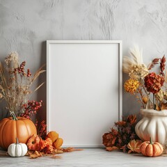 Wall Mural - Blank white paper sheet with wooden frame mockup, dried plants, flowers, pumpkins background. Vertical poster template Halloween, Thanksgiving party invitation, holiday greeting card, artwork designs