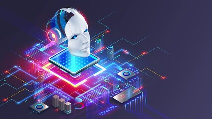 Leinwandbilder - AI electronic chip technology. AI robot head or face over electronic chip or CPU on motherboard. Artificial intelligence technology in electronic chip on pcb. AI in computer Processor. 3d animation.