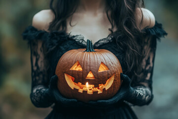 Canvas Print - mysterious person holding glowing pumpkin halloween night design generative ai