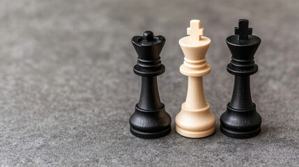 Chess pieces symbolize strategy and competition, showcasing black king, white king, and black rook on textured surface. Their contrasting colors represent duality of wealth and longevity in game