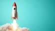 © Larisa AI - A vintage-style rocket with a red tip blasts off powerfully into a blue sky, with clouds below, evoking nostalgia and the classic era of space exploration.