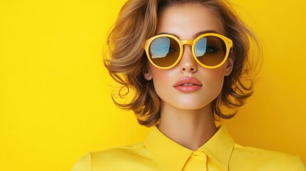 A fashionable woman with short blonde hair wearing round yellow sunglasses and a matching shirt, set against a vibrant yellow background, exuding confidence and style.