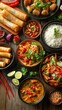 © Kitta Studio - A vibrant spread of delicious Asian cuisine featuring rice, vegetables, and various flavorful dishes on a rustic wooden table.