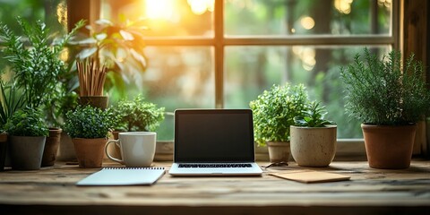 Wall Mural - a laptop on a table with potted plants

