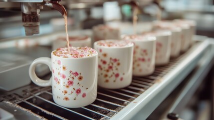 Floral-patterned mugs set under a coffee machine, each being filled with a warm drink, depicting indulgence, comfort, morning routine, and elegance in design.