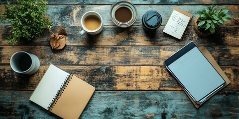 Wall Mural - a table with a notebook and coffee cups and a tablet


