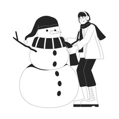 Wall Mural - Winter coat woman tying scarf around snowman neck black and white 2D line character. Wintertime outdoor activity. Earmuffs asian female isolated vector outline person. Monochromatic spot illustration