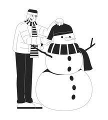 Wall Mural - Winter puffer jacket man putting hat on snowman black and white 2D line character. Wintertime outdoor activity. Outerwear asian male isolated vector outline person. Monochromatic spot illustration