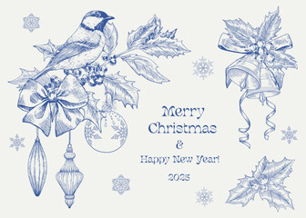 toile art merry christmas and happy new year background with tit bird on the holly twig, bells, bow,