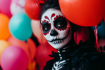 Wall Mural - Image of person on halloween costume party festival generative ai technology