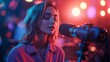 © Arifin Studio - A young woman with long blonde hair sings into a microphone on a stage with colorful lights.