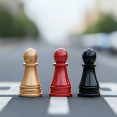 Strategic game pieces in gold, red, and black colors symbolize health and wealth on city street, evoking sense of competition and strategy