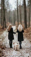 Wall Mural - Two women walking a dog on a forest path during winter.