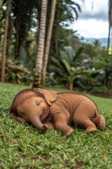 Sticker - A sleeping baby elephant on lush green grass in a tropical setting.