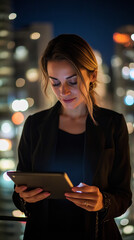 Wall Mural - Businesswoman Networking on Urban Rooftop with Digital Tablet  