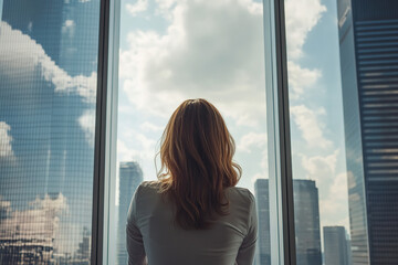 Canvas Print - Woman CEO Contemplating Future from Modern Corporate Office  