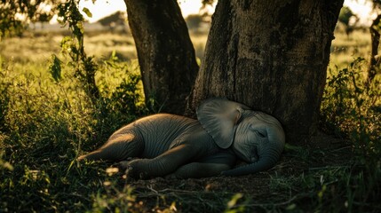 Sticker - A peaceful young elephant sleeping under a tree in a serene natural setting.