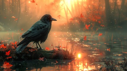 Wall Mural - Crow by the Lake at Sunset - Digital Art