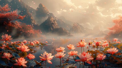 Canvas Print - Serene Lotus Lake with Misty Mountains - Digital Landscape Painting