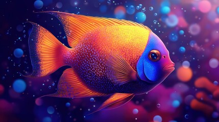 A colorful fish with bright orange and blue scales swims in a vibrant underwater scene.