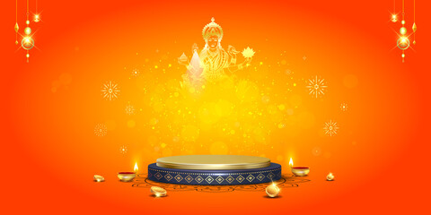 Poster - Background for Dhanteras diwali puja with podium golden coins and maa lakshmi. poster banner greeting card design.