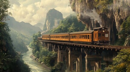 The historic train passing through Tham Krasae Bridge, with the river and cliffs in the backdrop.