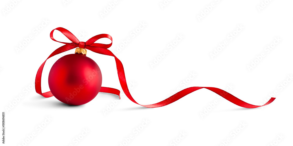 Red bauble, christmas ball with a ribbon decoration, isolated on ...