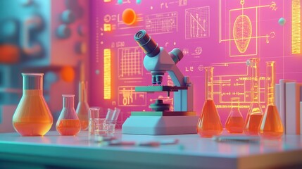 Wall Mural - A microscope and beakers with orange liquid sit on a table in a laboratory with pink, blue, and yellow neon lights and science diagrams on the wall behind them.