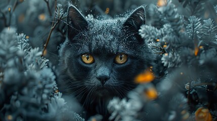 Canvas Print - Close-Up Portrait of a Black Cat with Golden Eyes in the Rain