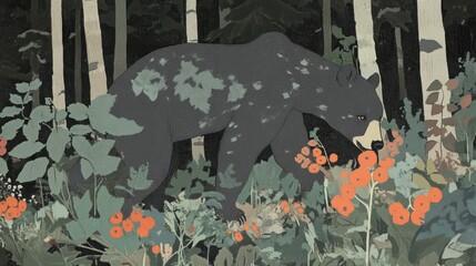 Canvas Print - A bear wandering through a vibrant forest filled with flowers and greenery.