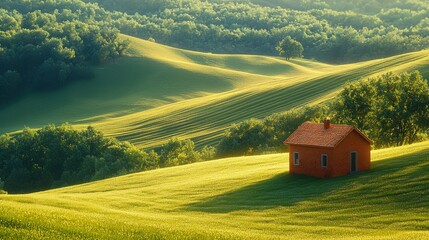 Wall Mural - Photograph of a small house in the middle of an endless green field, surrounded by rolling hills and trees, bathed in soft sunlight casting long shadows on the vibrant grassy landscape