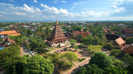 Wall Mural - The majestic Phra Mahathat Kaen Nakhon (Nine-Storey Stupa) at Wat Nong Wang, towering over the serene Khon Kaen skyline.