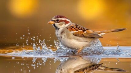 Wall Mural - A bird splashes in water, creating ripples and reflecting its vibrant plumage.