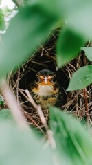 Canvas Print - A young bird peeking out from its nest surrounded by green leaves.