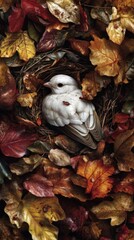 Canvas Print - A white bird nestled in a nest surrounded by vibrant autumn leaves.