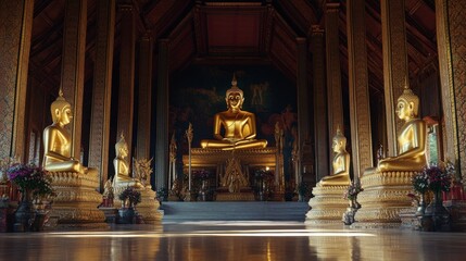 Wall Mural - The peaceful interior of Wat Tham Sua, with golden Buddha statues and ornate decorations.