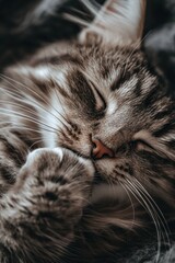 Wall Mural - A sleeping cat curled up, showcasing its peaceful expression and soft fur.