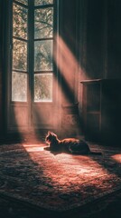 Sticker - A serene cat rests in sunlit rays streaming through a window in an old, cozy room.