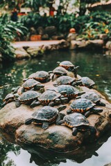 Sticker - A group of turtles resting on a rock in a tranquil pond surrounded by lush greenery.