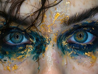 Wall Mural - Close-Up Portrait of a Person with Dramatic Gold and Blue Eye Makeup